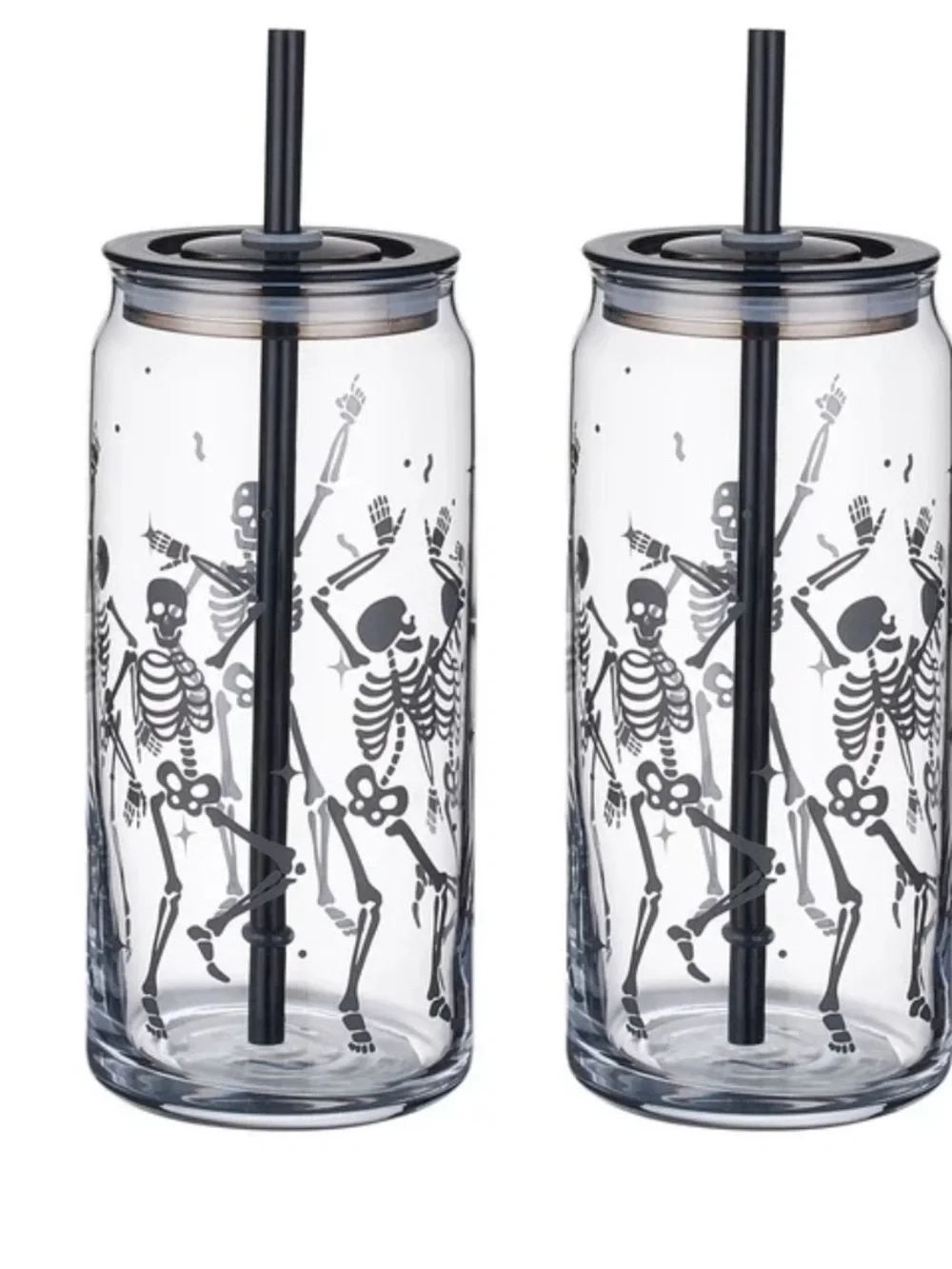 Skeleton Print Clear Tumbler with Black Lid & Straw (Set of 2)